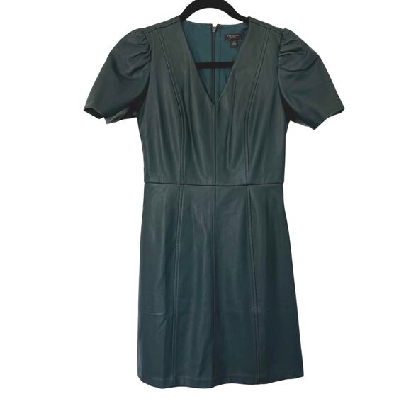 Ann Taylor Factory Dresses & Skirts - Ann Taylor Factory (2P) Deep Teal Faux Leather Mini Dress Puff Sleeve V Neck